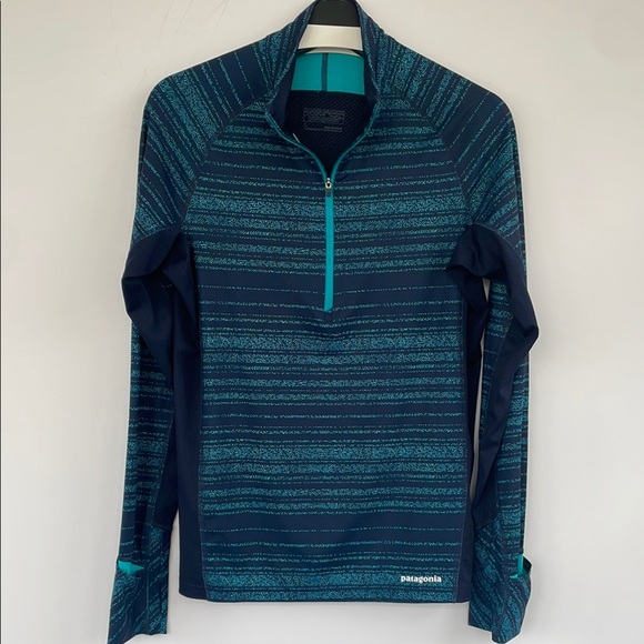 Patagonia Women’s All Weather Zip-Neck Teal Navy Hiking Running Top UPF 15 Large - Picture 3 of 17
